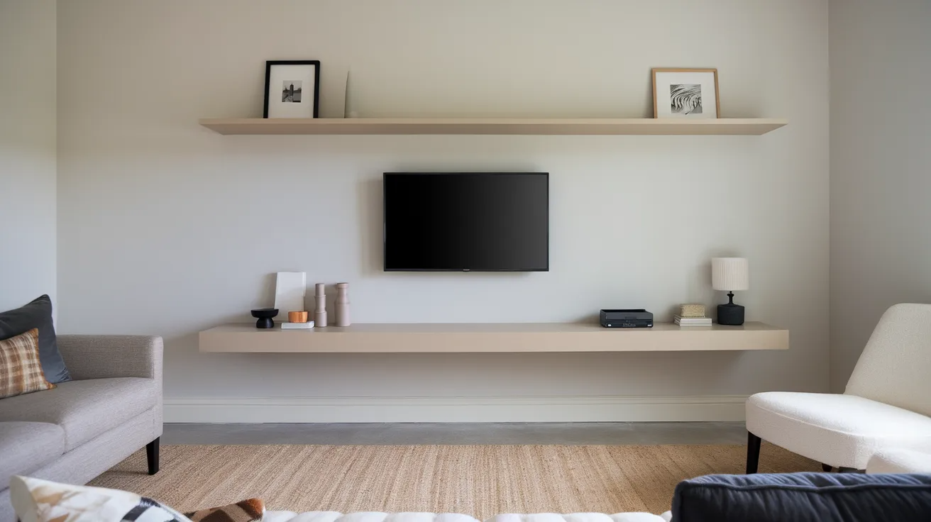 small living room with minimal media wall featuring a tv and simple shelving for a modern look