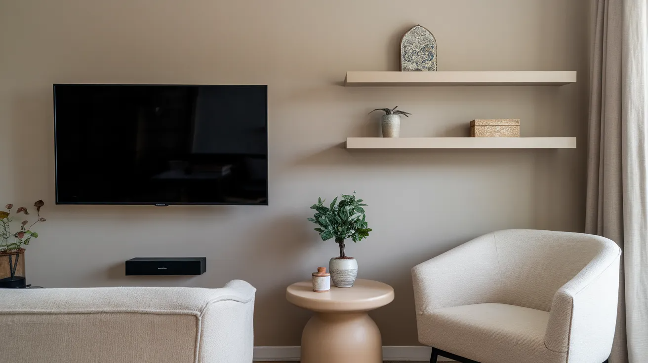 small living room with neutral tv wall colors creating a calm and open feeling