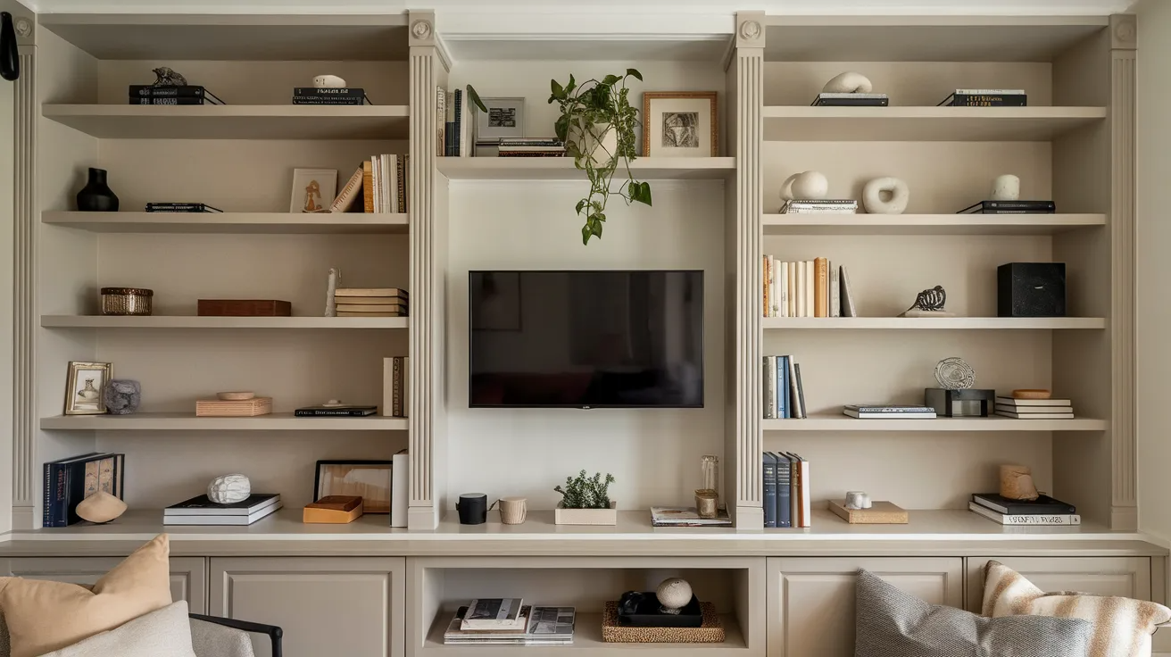 small living room with tv combined with shelving unit for storage and decor in one organized wall