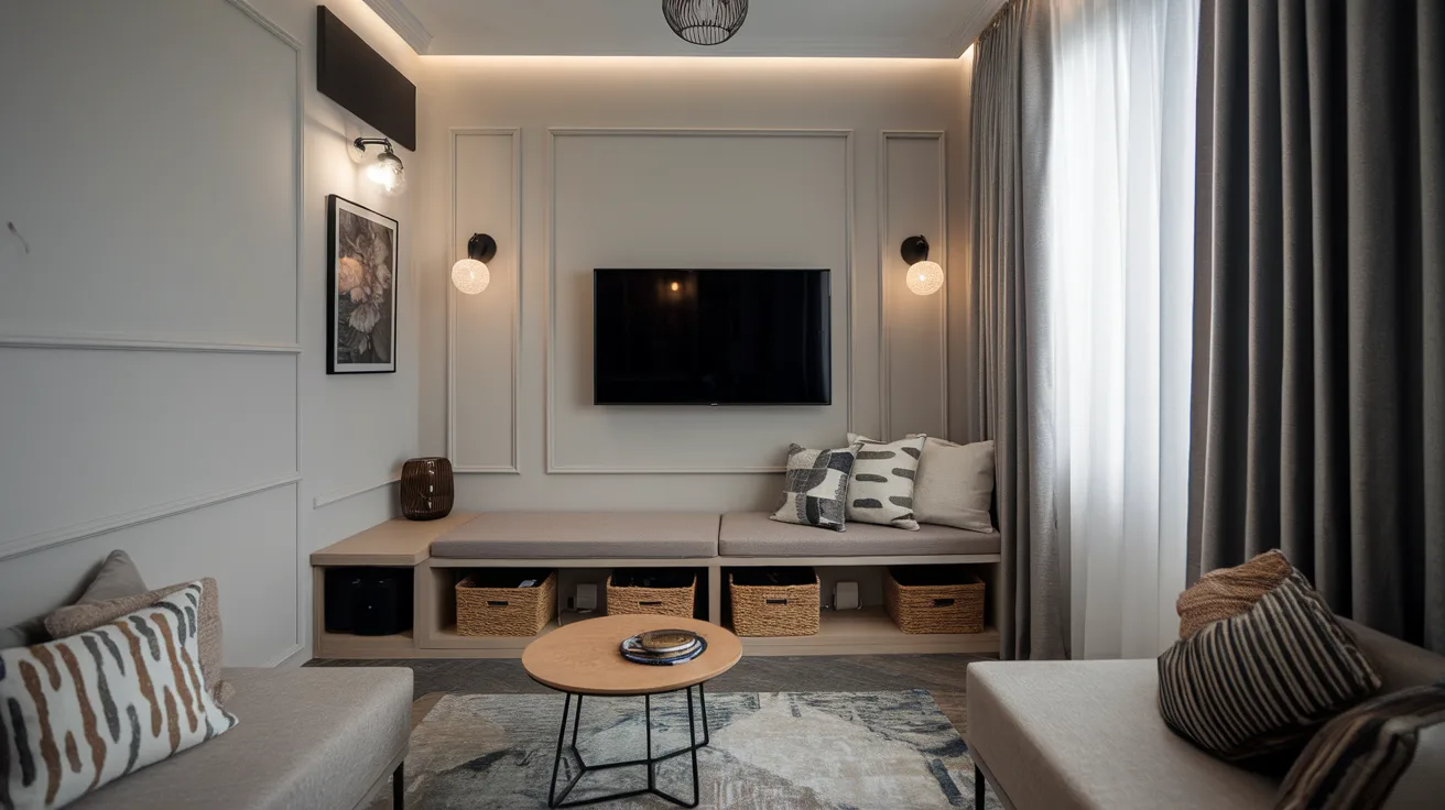small living room with tv mounted above a low storage bench offering hidden storage and a clean look
