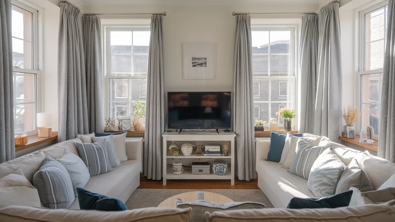 small living room with tv placed between two windows creating a balanced layout with natural light