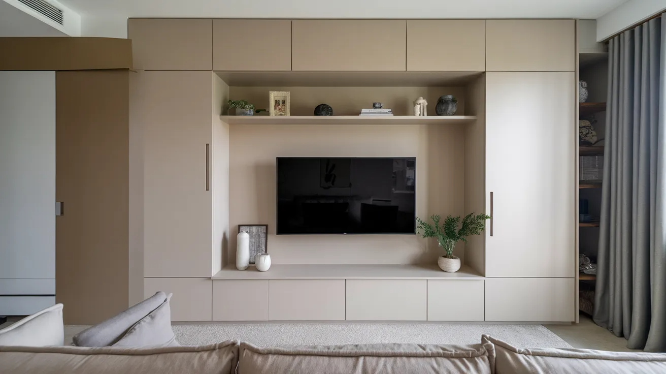 small living room with tv unit featuring closed storage cabinets to hide cables and keep the space neat