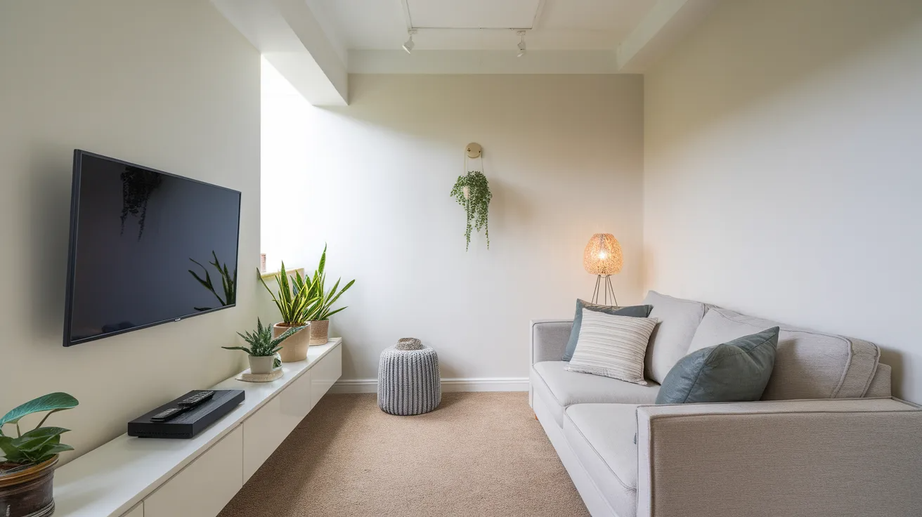 small living room with wall mounted tv and compact sofa creating an open and clutter free layout with modern decor