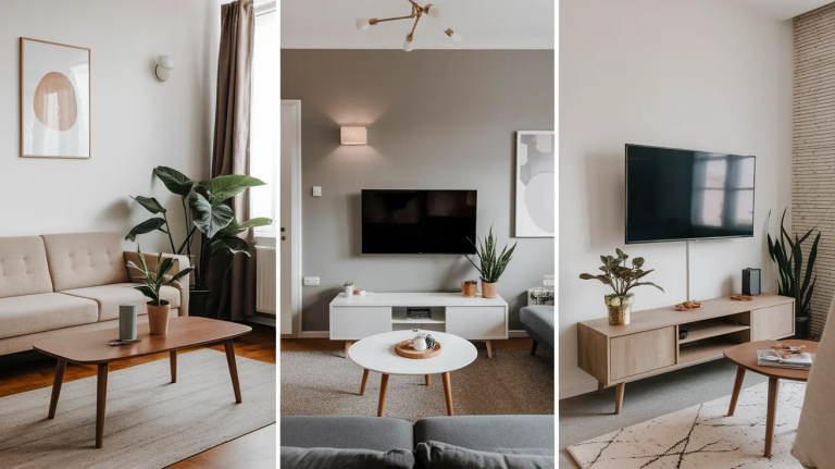 small living room with wall-mounted tv, slim console, neutral colors, compact furniture, and simple decor creating a clean and cozy space