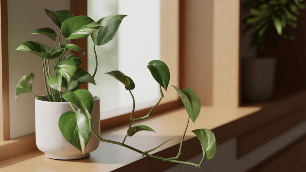 small pot plant in white ceramic pot placed on wooden windowsill with soft natural sunlight streaming indoors
