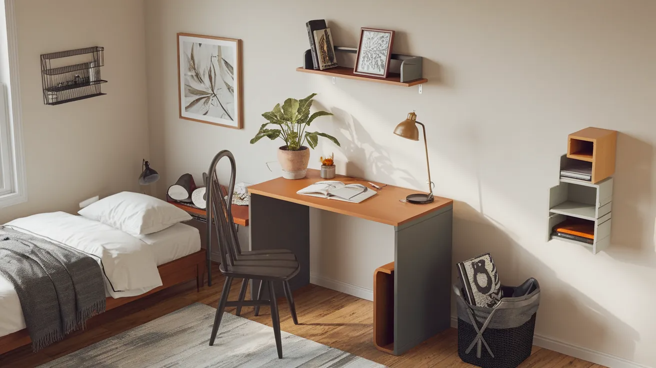 small space diy desk with compact design placed in a bedroom corner for light work and study