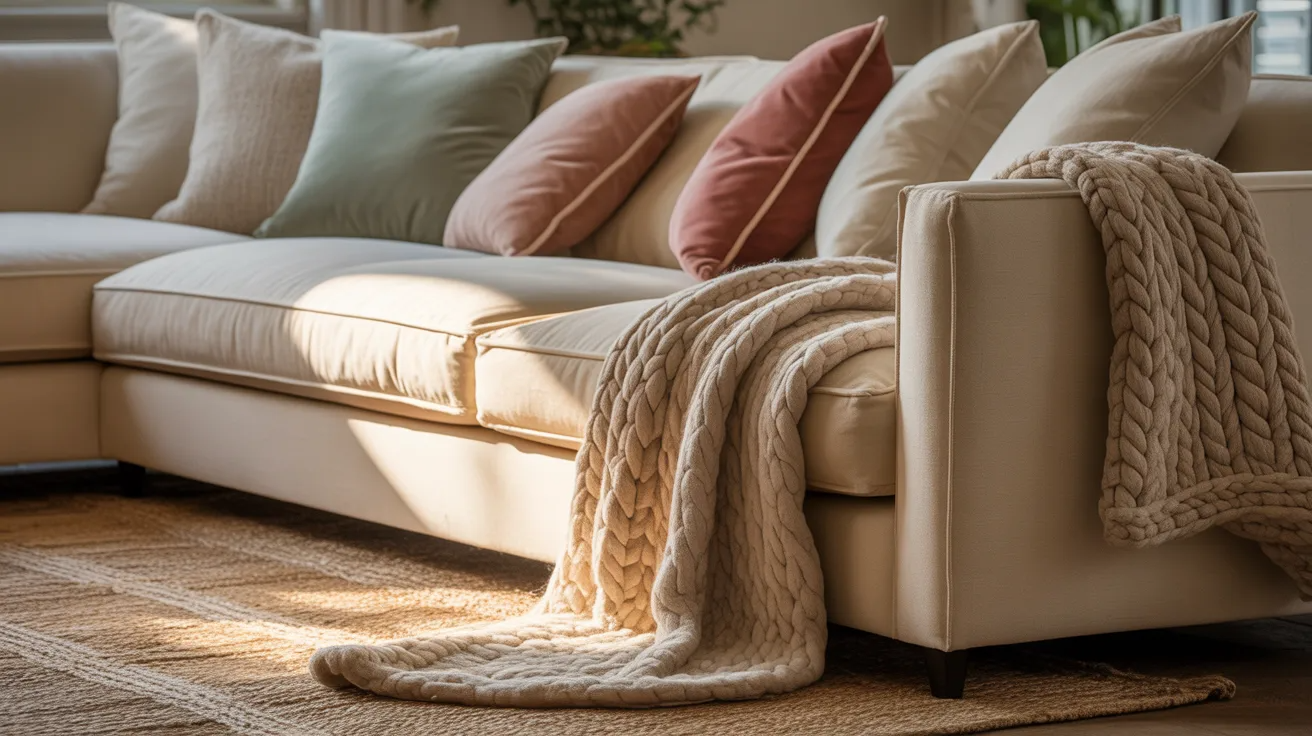 sofa layered with textured cushions and a knit throw, showing how mixed fabrics add comfort and visual interest to a room