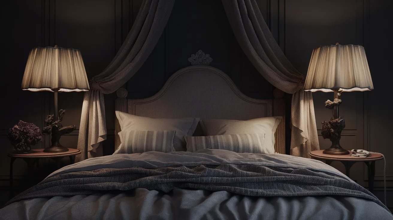 soft bedside lighting in a gothic bedroom with warm lamps creating a calm and intimate nighttime atmosphere
