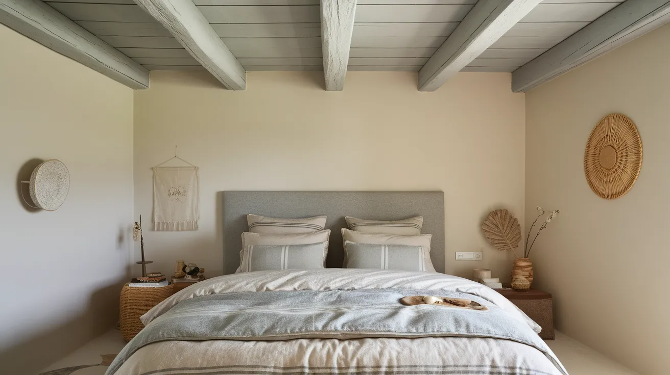 soft gray painted ceiling beams in a cozy bedroom with neutral decor