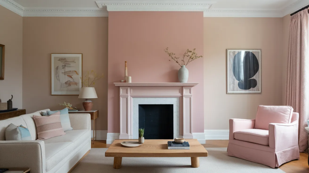 soft neutral painted fireplace accent wall creating a light and timeless focal point in a living room