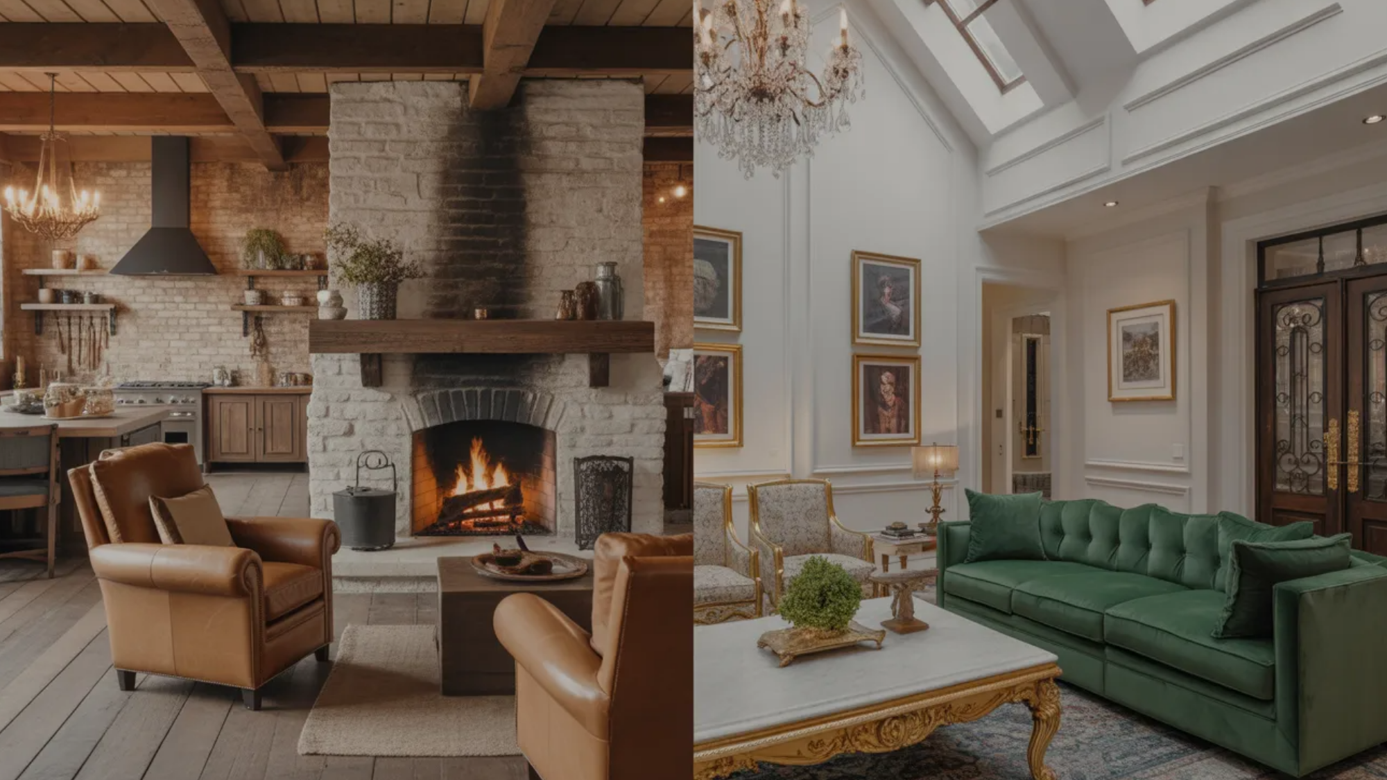 split image of a rustic keeping room with a brick fireplace and leather chairs beside a kitchen, compared to a formal living room with a green sofa and chandelier