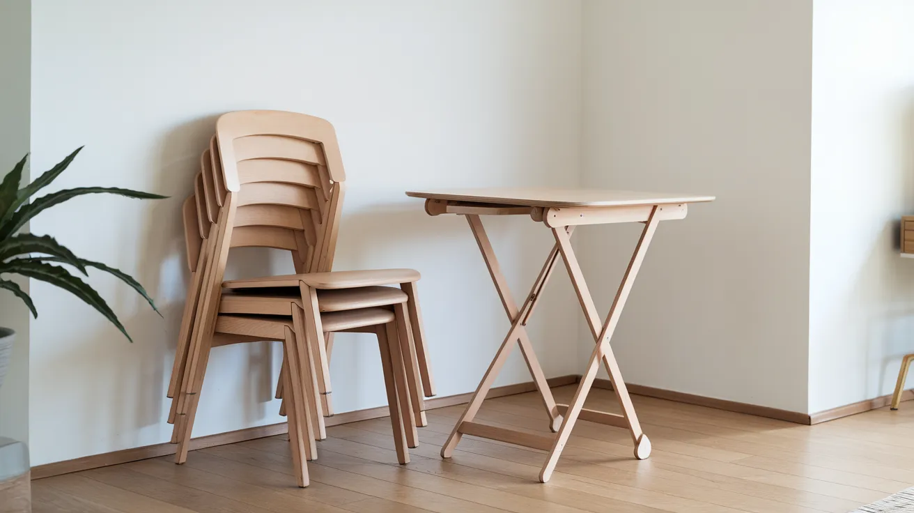 stackable dining chairs neatly stacked in a small dining space