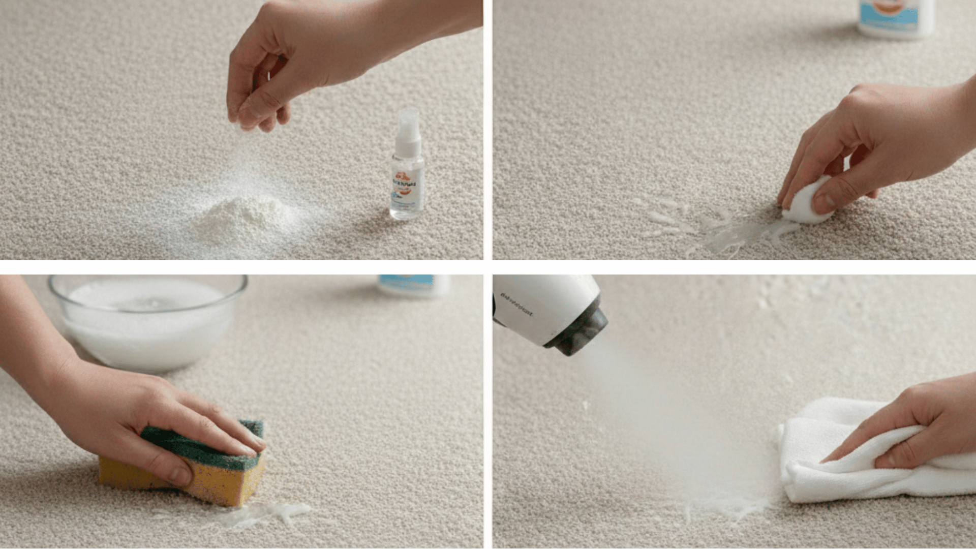 step-by-step process of cleaning a wax stain from carpet using powder, water, a sponge, and a hair dryer