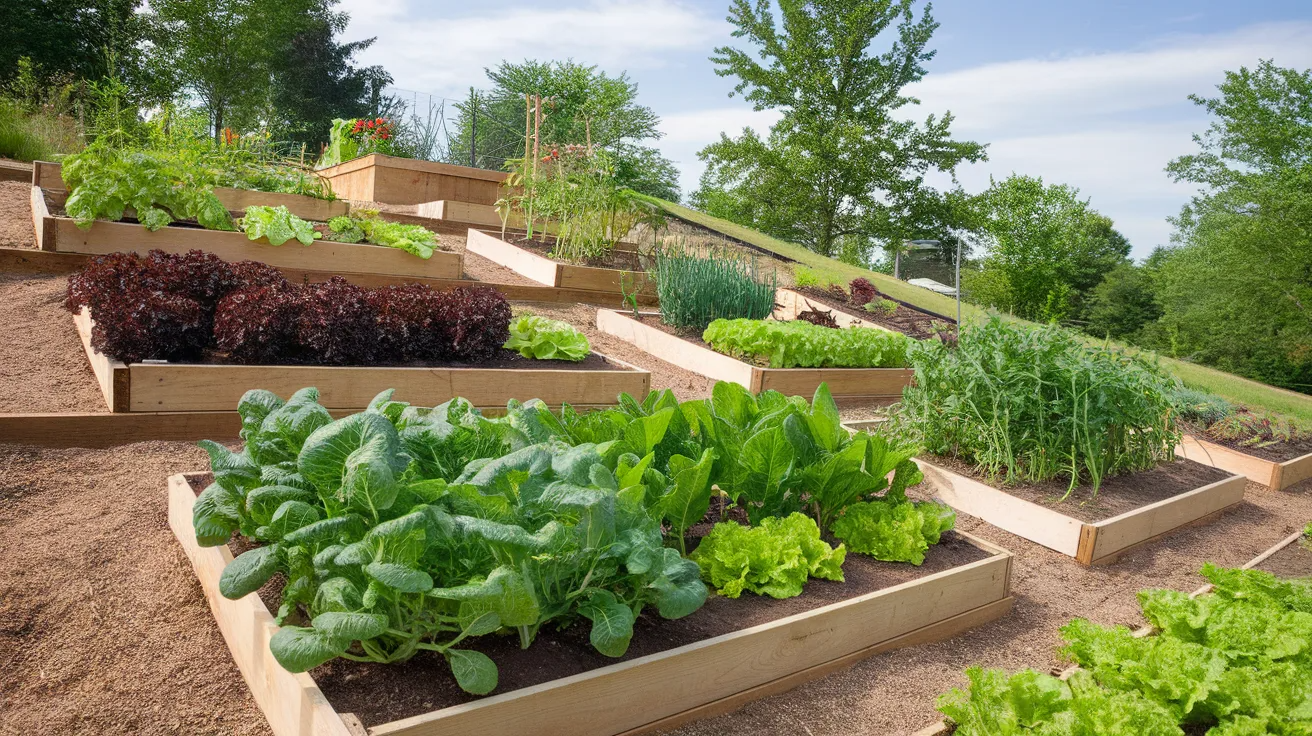 stepped vegetable garden layout with tiered beds on a slope, allowing better drainage and sun exposure