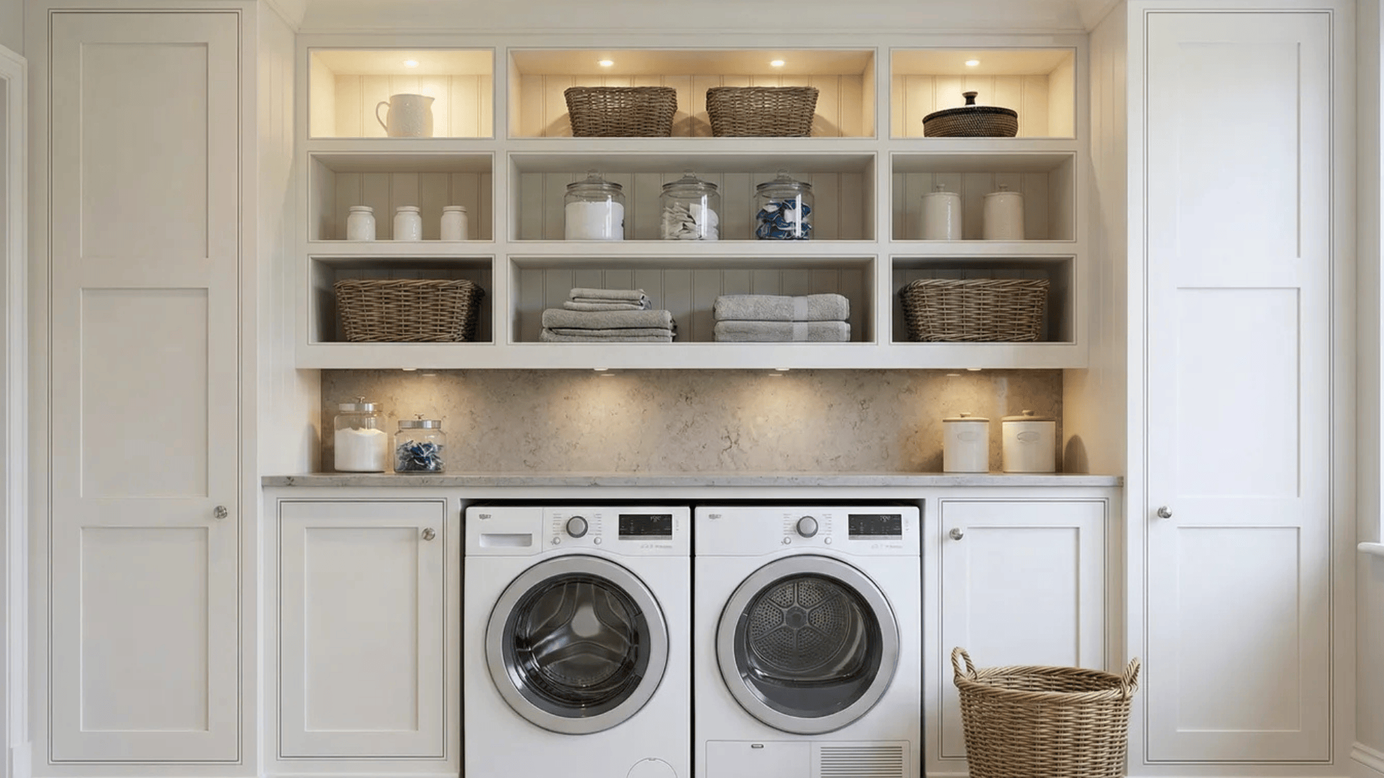 stylish laundry room with built in shelves, baskets, and under shelf lighting for organized storage