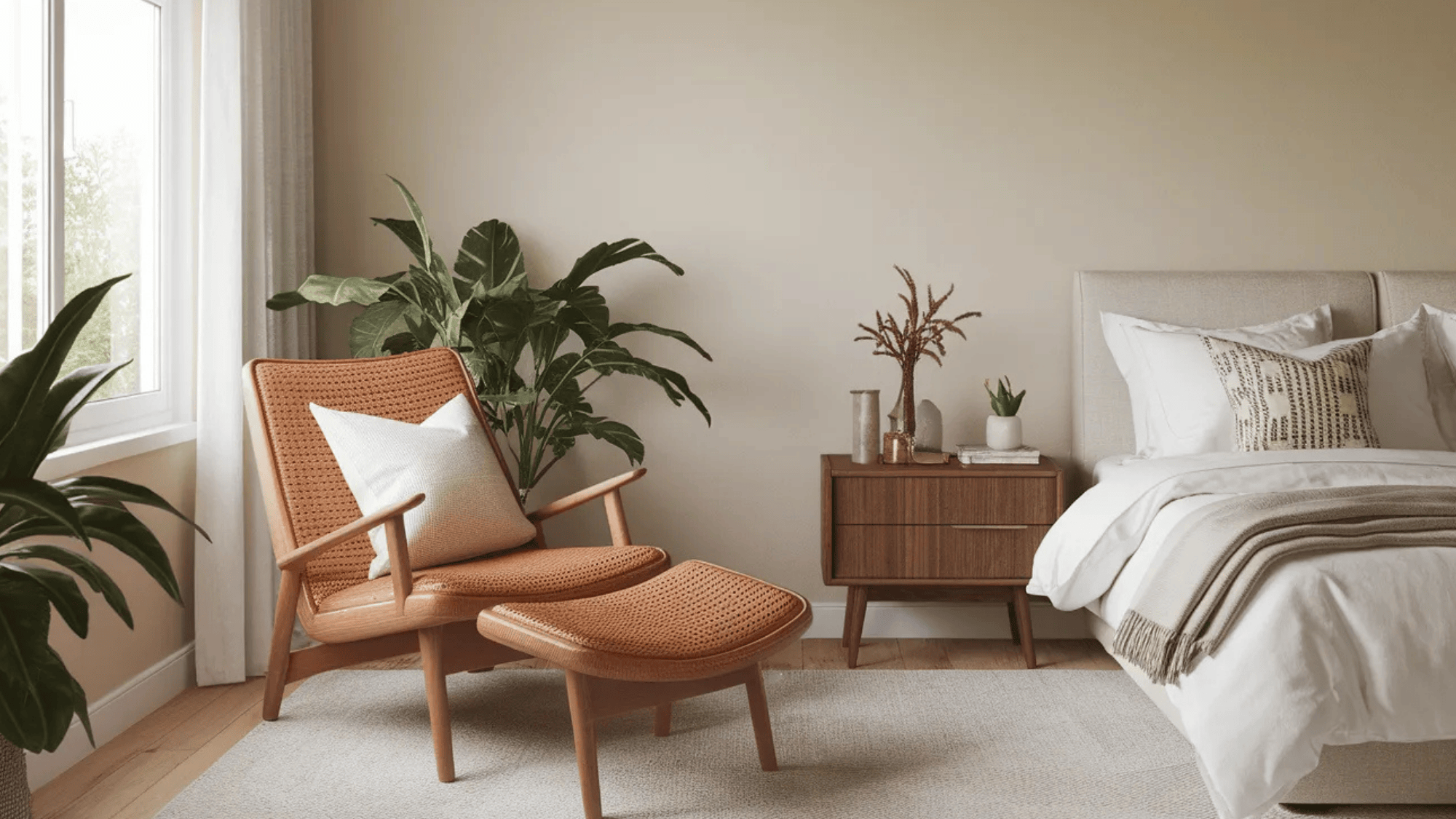 stylish lounge chair with woven fabric and matching ottoman in a serene bedroom setting