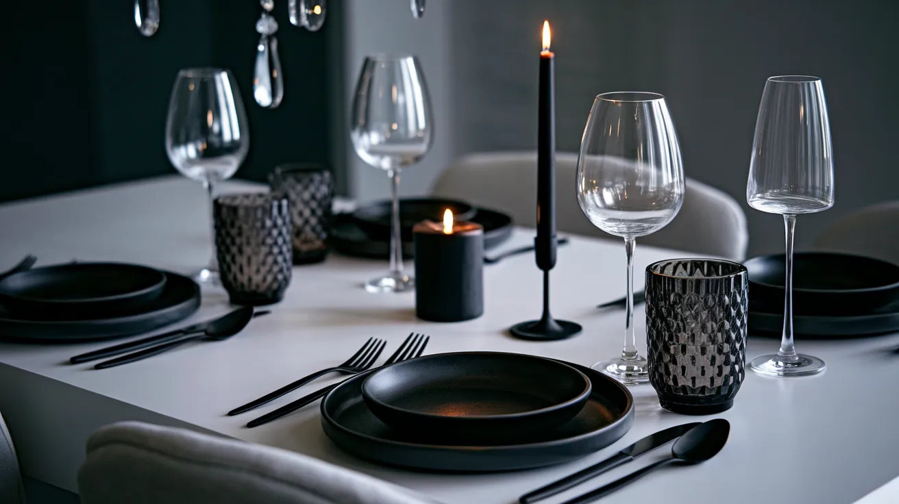 subtle gothic tableware with dark plates and textured glass creating a refined and modern dining look