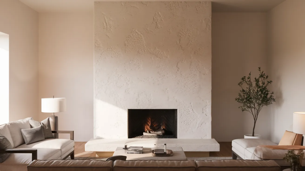 subtle textured fireplace accent wall with plaster finish in a clean and modern living room