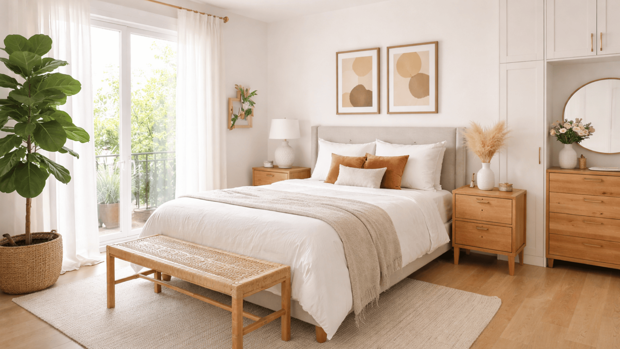 sunlit guest bedroom featuring a cozy bed, natural wood accents, plants, and modern art pieces