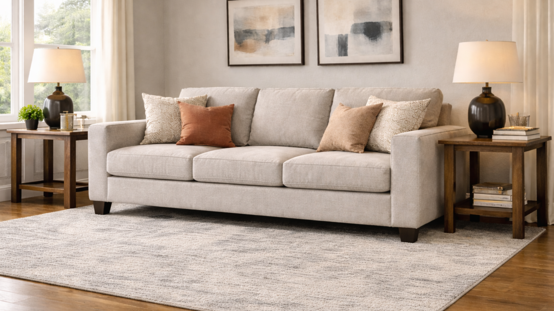 sunlit living room with gray sofa featuring clean upholstery, wood side tables, lamps, plants, and soft neutral decor.