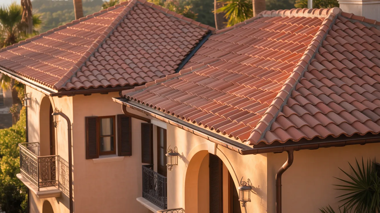 sunlit mediterranean villas with terracotta tiled roofs, arched doorways, and wrought-iron balconies in a lush setting