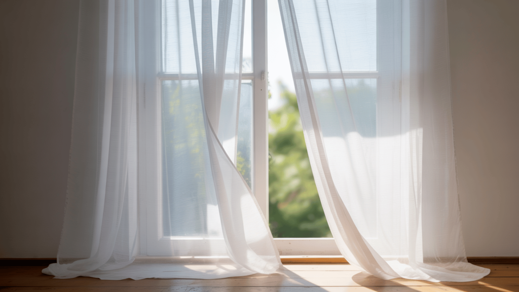 sunlit room with sheer white curtains framing a window with a view of greenery and natural light streaming in