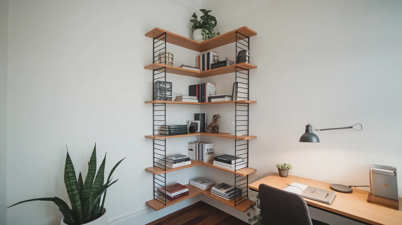 tall corner shelf unit with books in a small home office