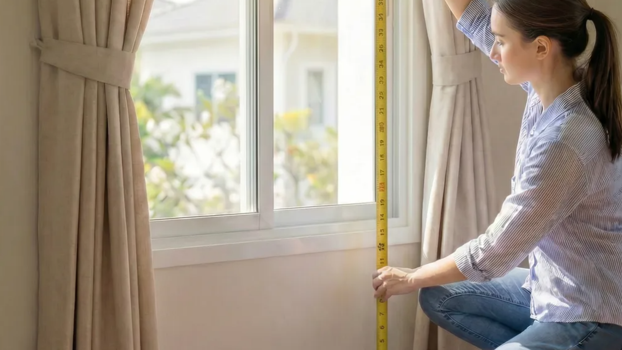 tape measure held from curtain rod to floor to measure curtain length