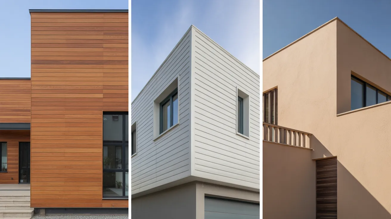 three modern house exteriors showing wood siding, white horizontal panels, and smooth stucco finishes under blue sky