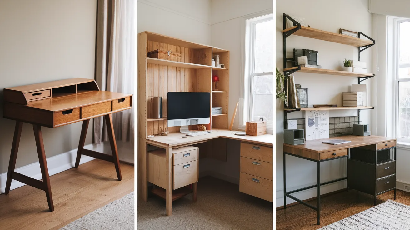 three panel collage showing different diy desk styles including writing desk computer desk and compact home office desk in modern interiors