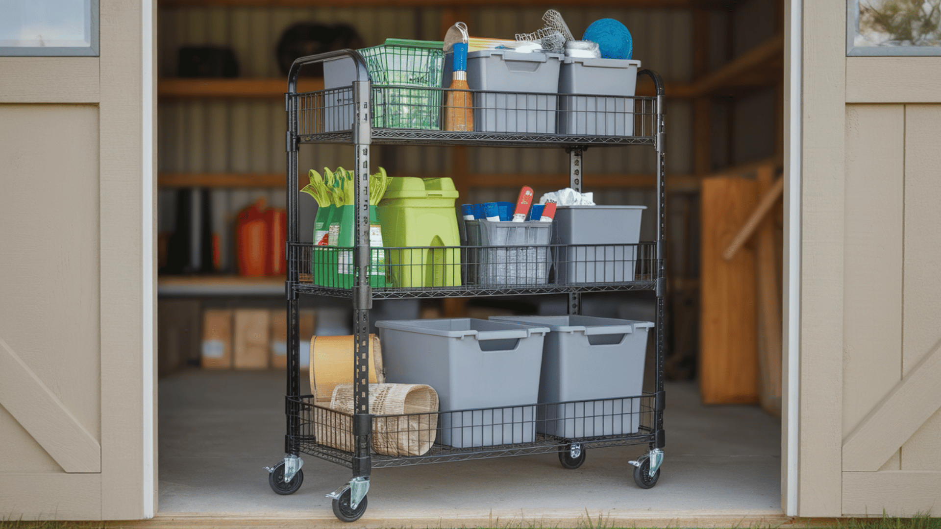 three tier rolling storage cart with bins and garden supplies positioned inside an open shed doorway