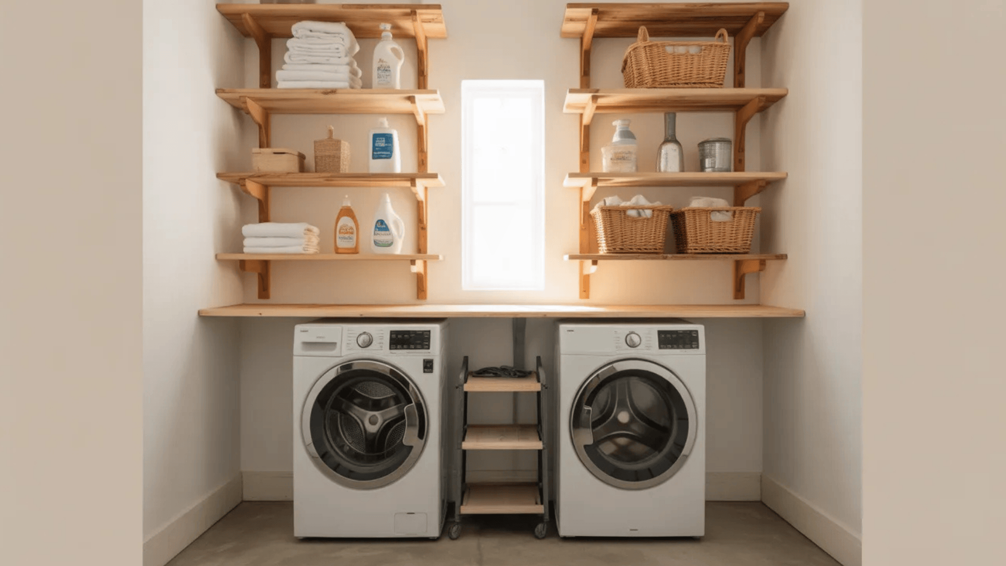 tiered wooden shelves, neatly organized with laundry supplies, towels, and storage baskets