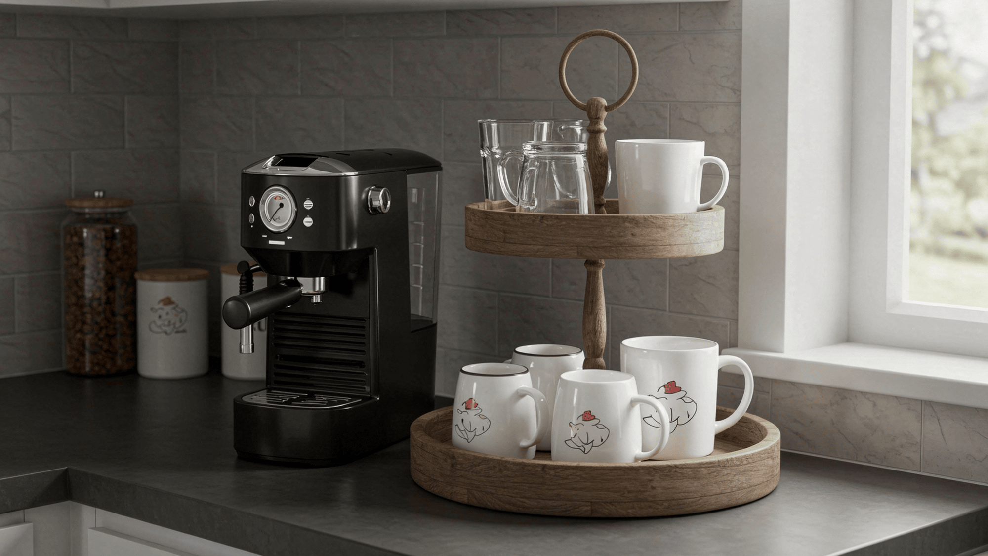 two tier tray coffee station with layered mugs and machine