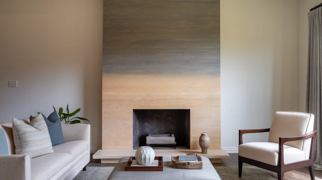 two tone fireplace accent wall using subtle contrast colors in a balanced and cozy living room