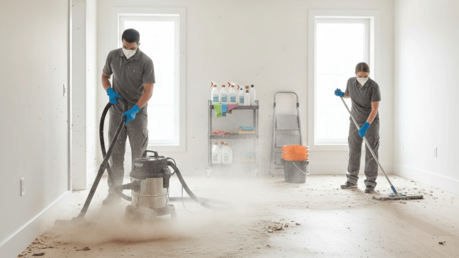 two workers wearing masks vacuuming and sweeping dust in newly renovated room during post-construction cleaning process