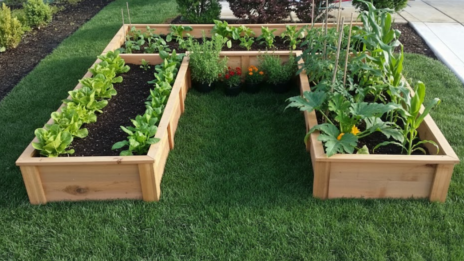 u shaped vegetable garden layout with raised beds on three sides, allowing easy access to all plants