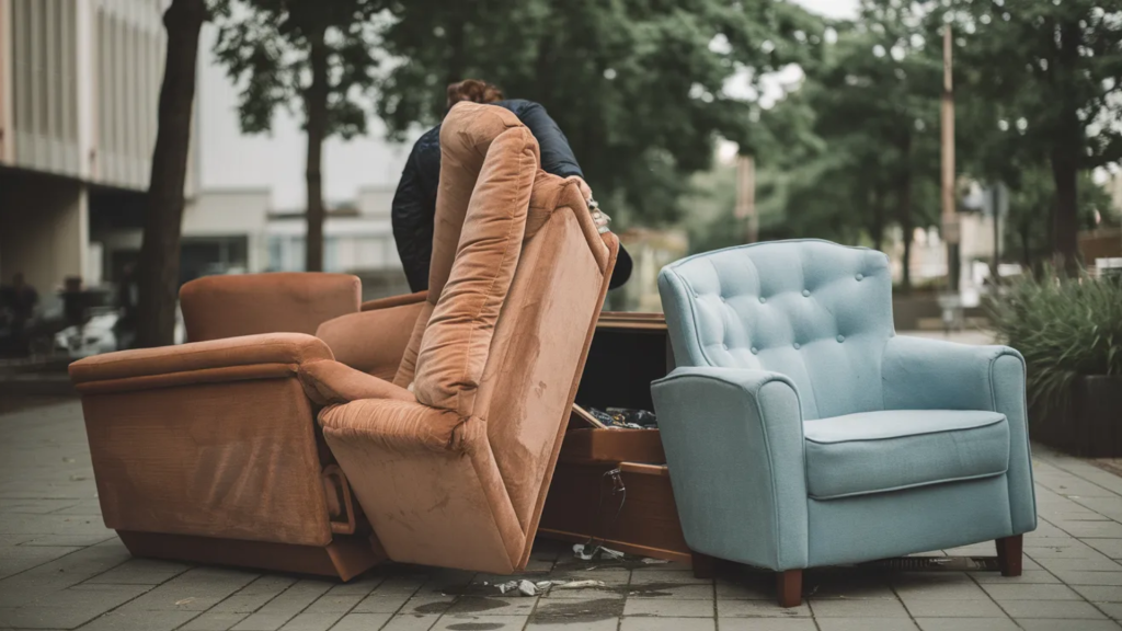 unwanted old furniture abandoned on roadside sidewalk awaiting pickup for disposal or donation