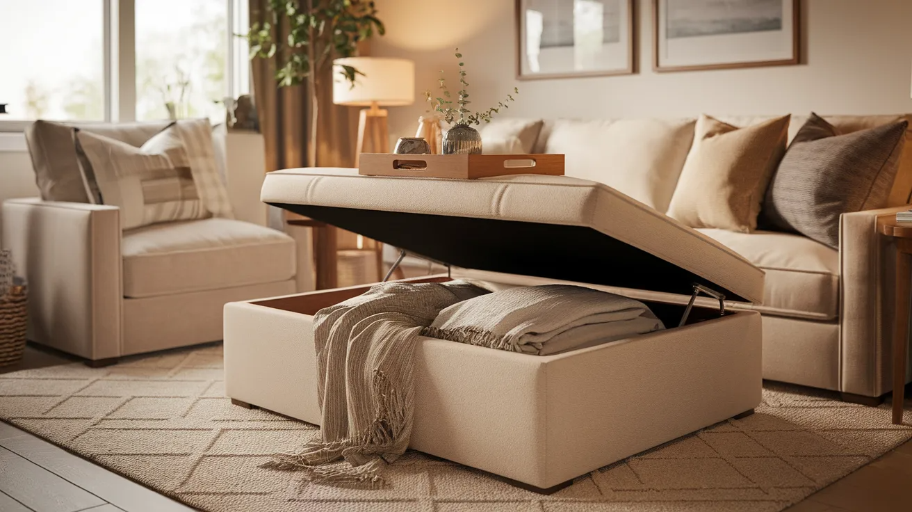 upholstered storage ottoman open with blankets inside in a cozy small living room