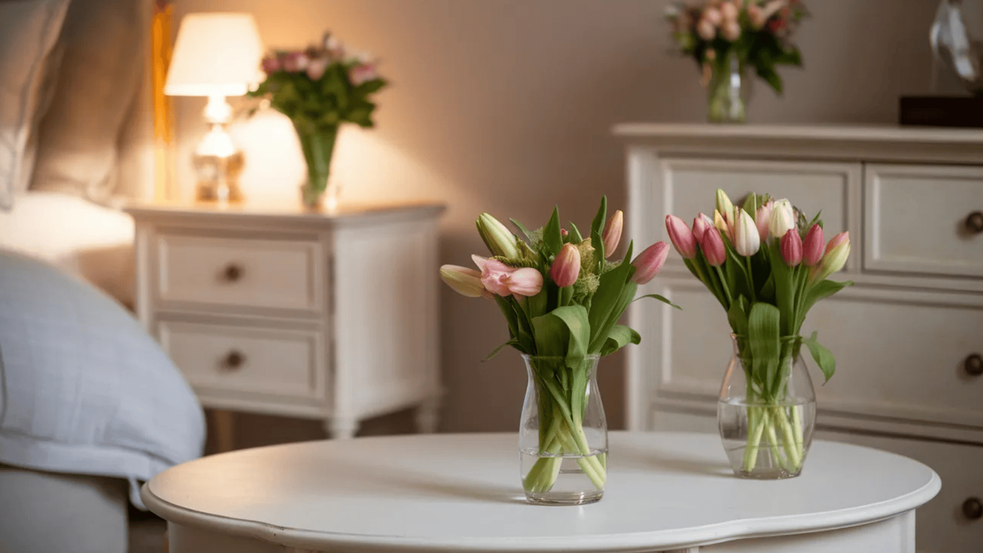 vases with fresh pink and white tulips placed on a coffee table and nightstand, adding a vibrant touch to the bedroom decor