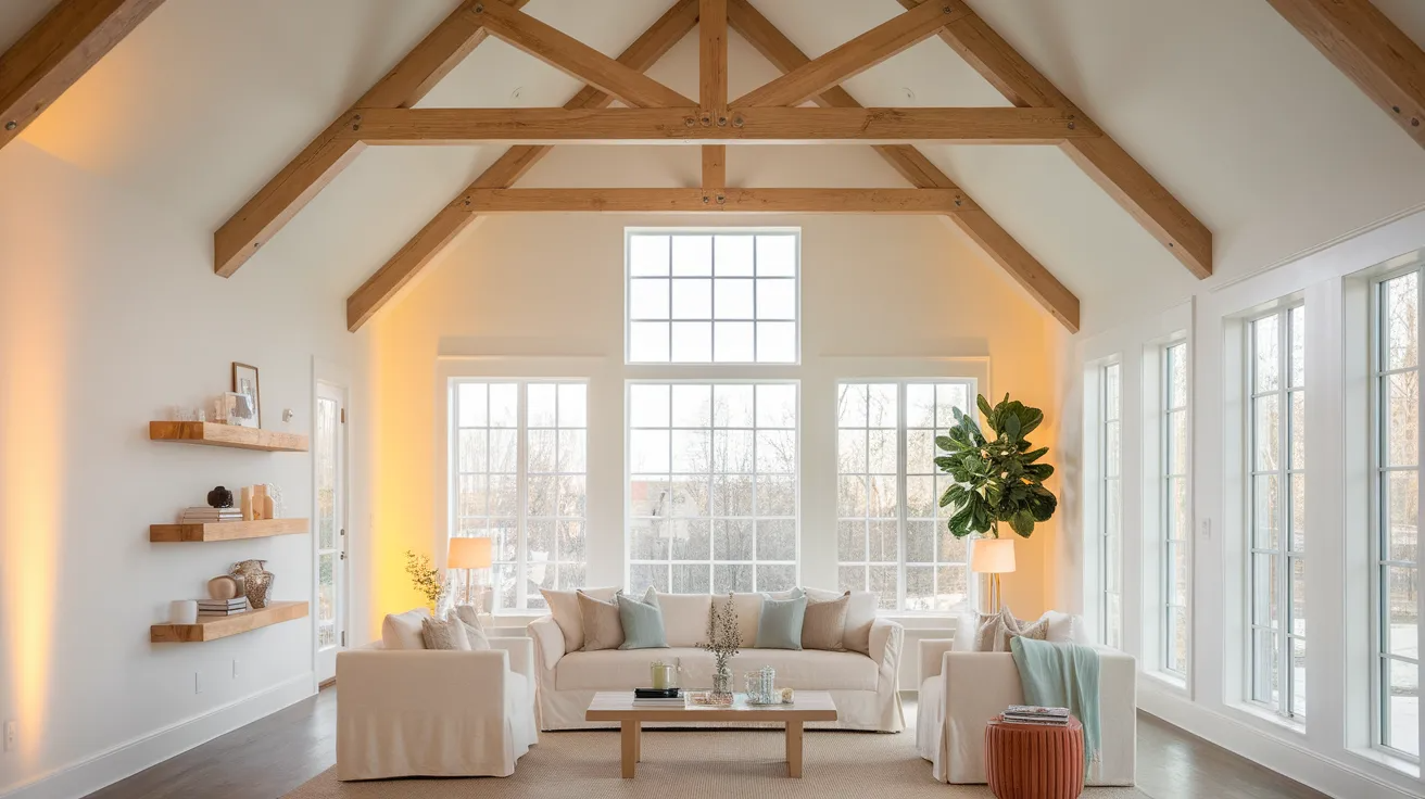 vaulted ceiling with exposed wood beams