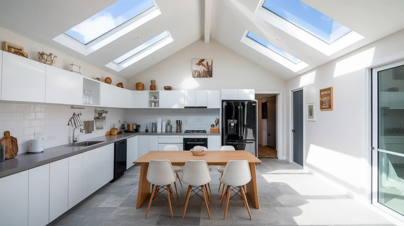vaulted ceiling with skylights