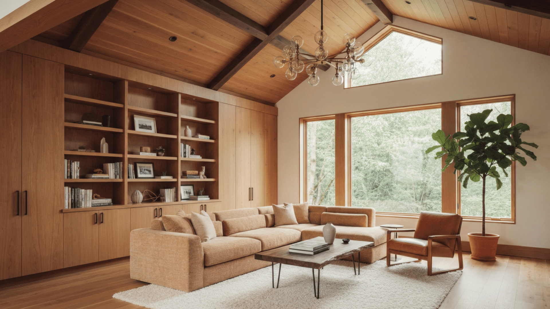 vaulted wood ceiling living room with dark beams, a tan sectional sofa, built-in shelving, and large forest-view windows