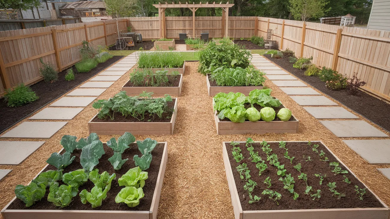 vegetable garden layout with wide paths between beds, designed for easy movement and simple garden care