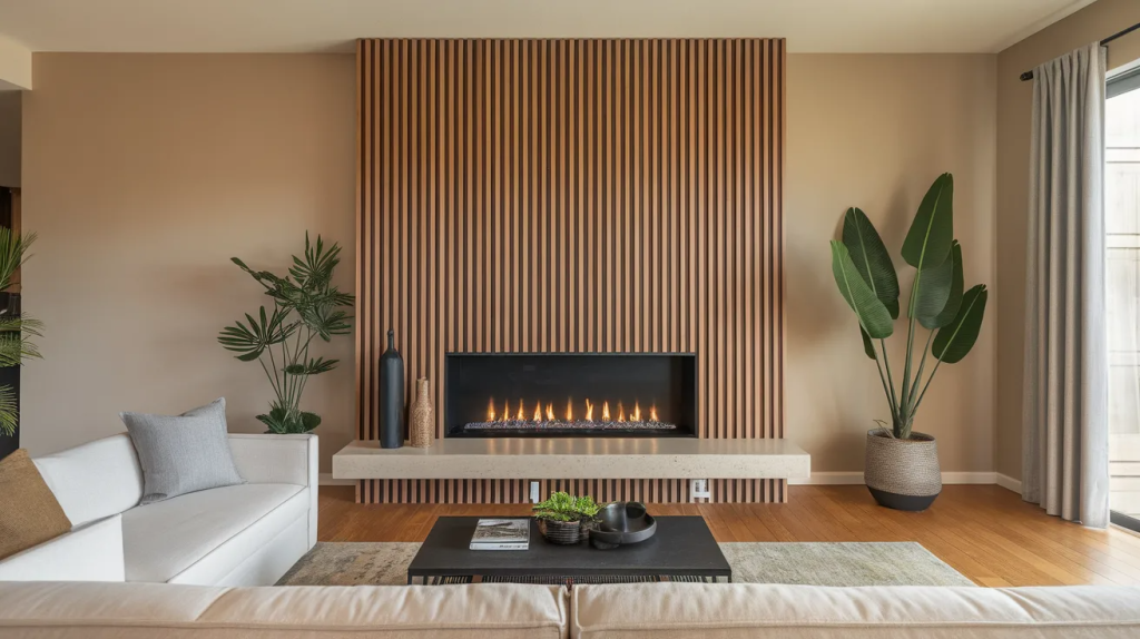 vertical wood slat fireplace accent wall adding warmth and height in a modern minimalist living room