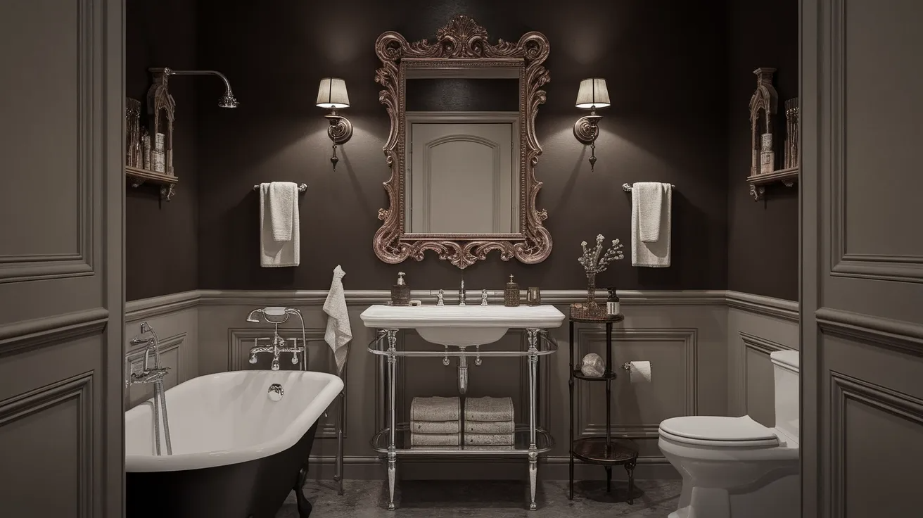 vintage framed mirror in a gothic bathroom adding character and elegance against dark wall tones