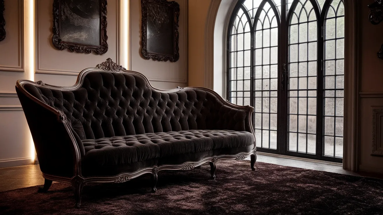 vintage velvet sofa in a gothic living room with dark fabric, curved shapes, and warm ambient lighting