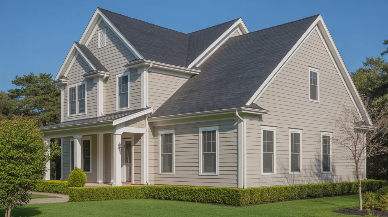 vinyl siding on a suburban house with horizontal panels in a neutral color under bright daylight