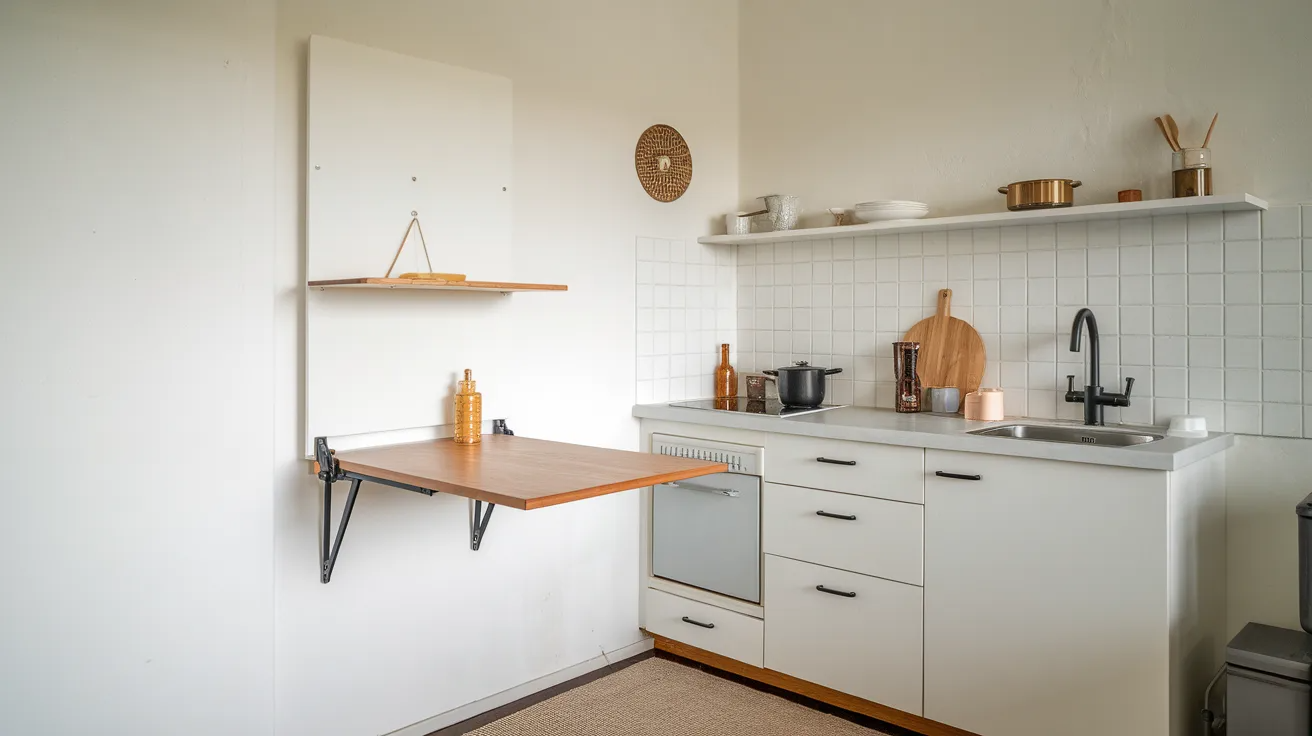 wall mounted fold down table open in a small kitchen space