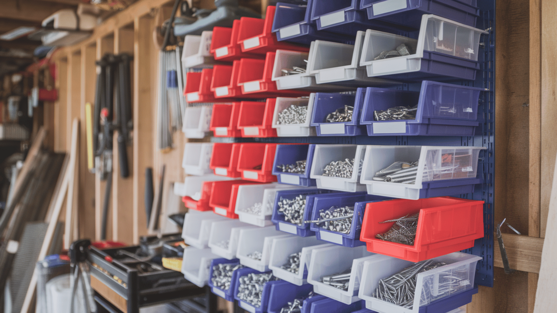wall mounted red, blue, and gray tilt bins filled with screws and nails organized neatly in a workshop shed