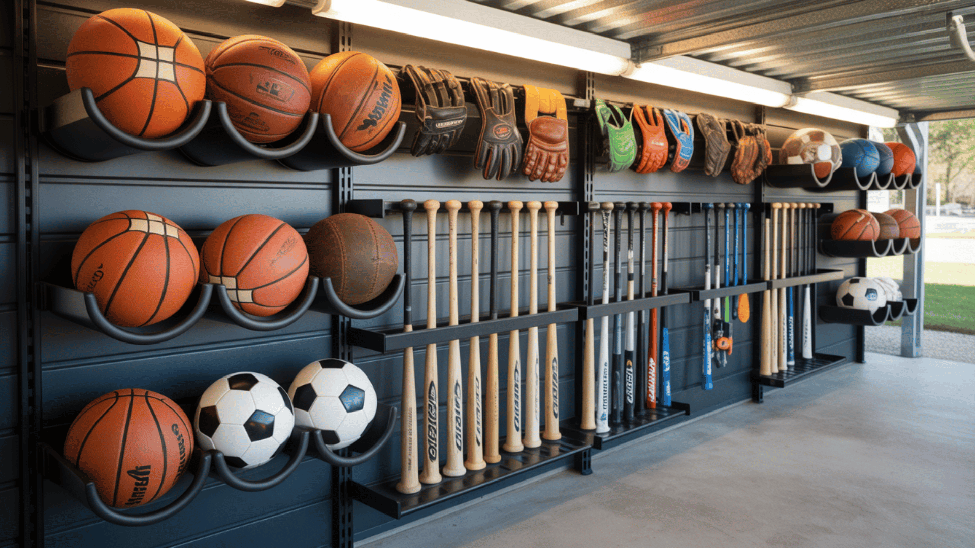 wall mounted sports storage rack holding basketballs, soccer balls, bats, and gloves neatly organized in garage